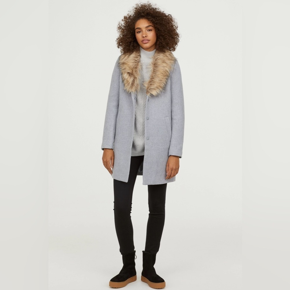 H&M Coat With Faux Fur Collar Grey Sz 2